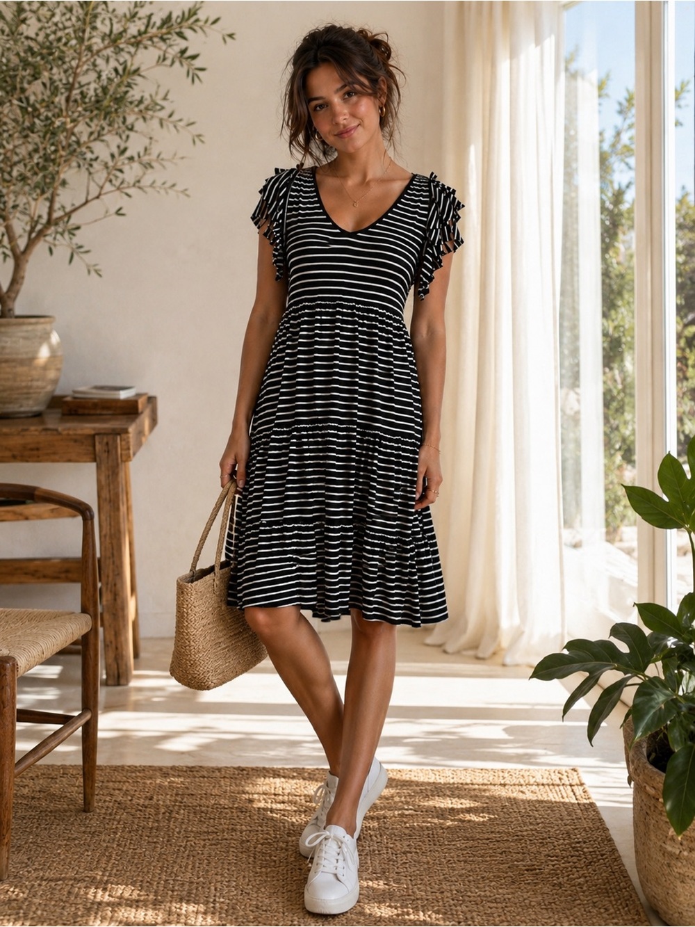 Max Studio Stripe Tiered Ruffle Sleeve Dress Black White Size Small NWT